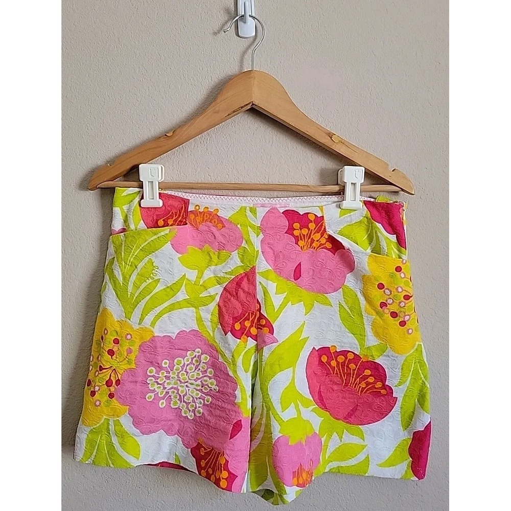 Lilly Pulitzer Adie Pink Multicolor Floral Hibiscus Textured Shorts 6 Tropical